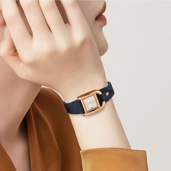 ?⏭️NIB Blue Leather Strap Horseshoe Shaped Square Case Quartz Watch main image 12